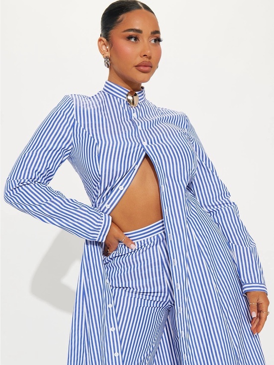 Fashion Nova Pants - Striped Blue & White Button-Front Maxi Shirt Dress and Matching Pant Set